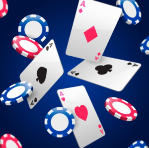 Ilustración de cartas de póker y fichas de casino online sobre un fondo azul oscuro.