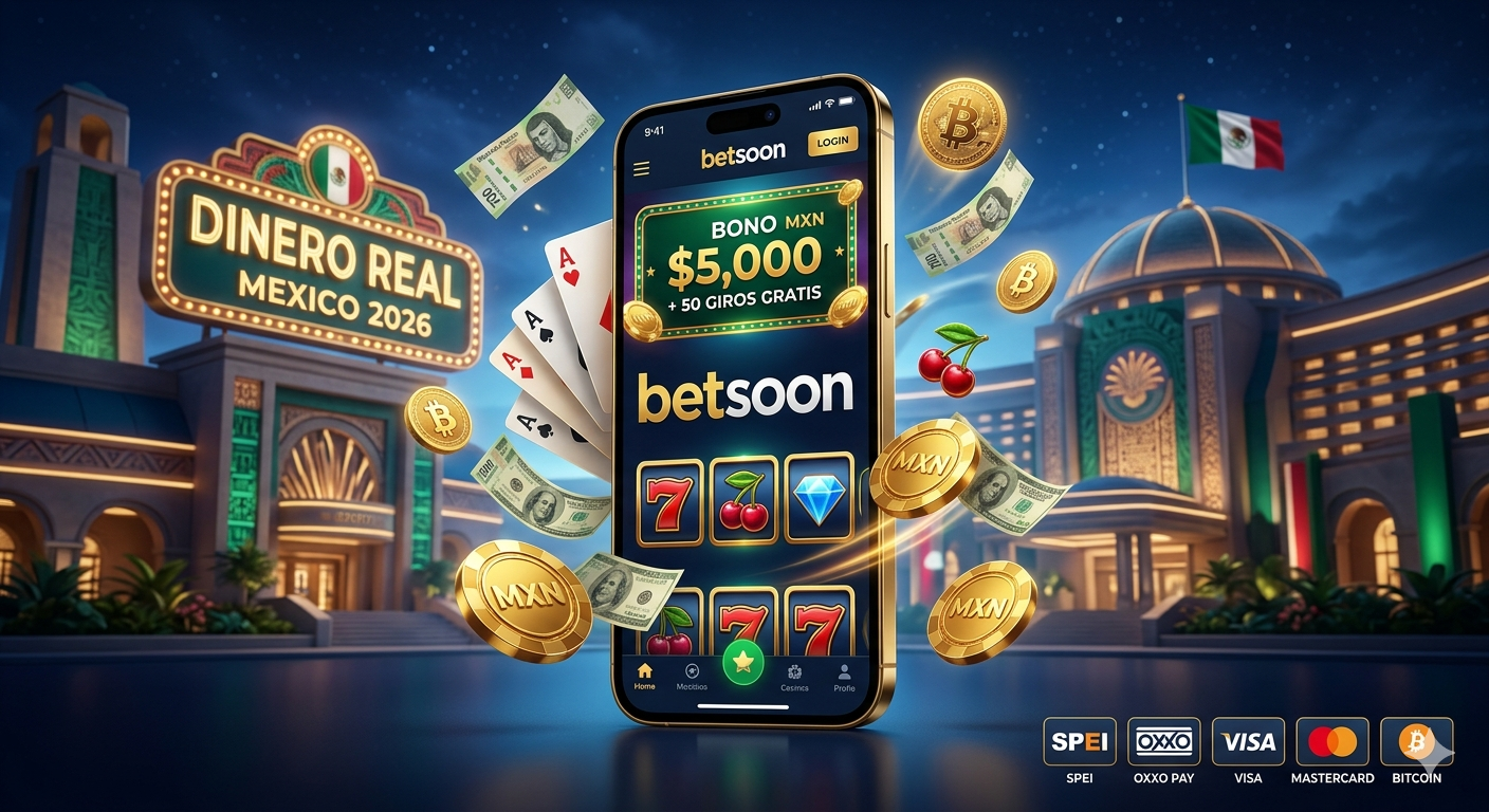 Composición visual de betsoon, el mejor casino dinero real México 2026, con bonos de $5,000 MXN y giros gratis flying over a modern online interface.