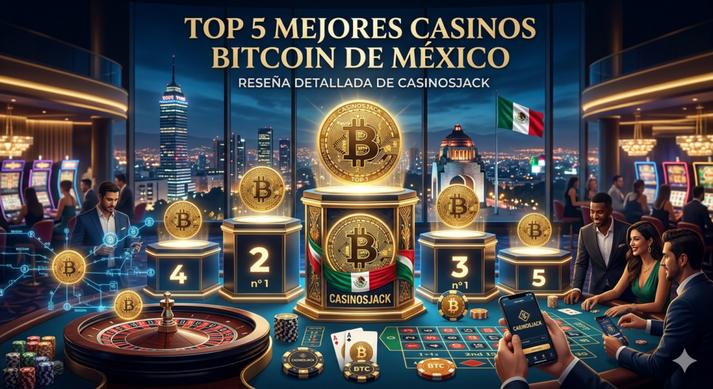 Top 5 mejores casinos Bitcoin en México destacando la reseña de Casinosjack con bonos en criptomonedas y vista de la Ciudad de México.